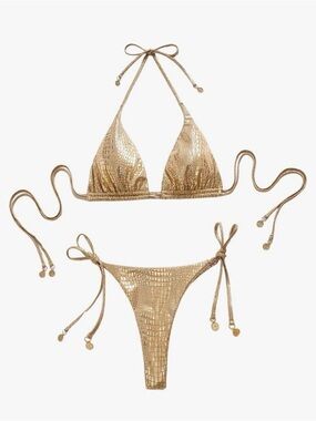 Metallic Gold Triangle String Bikini - Women Swim
